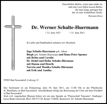 Traueranzeige von Werner Schulte-Huermann von Tageszeitung