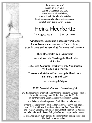 Traueranzeige von Heinz Fleerkortte von Tageszeitung