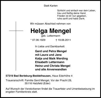 Traueranzeige von Helga Mengel von Tageszeitung