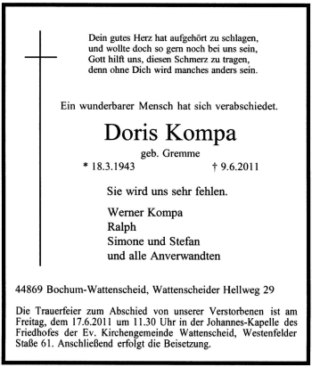 Traueranzeige von Doris Kompa von Tageszeitung