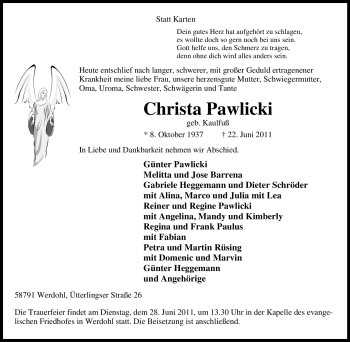 Traueranzeige von Christa Pawlicki von Tageszeitung