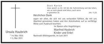Traueranzeige von Ursula Haubrich von Tageszeitung