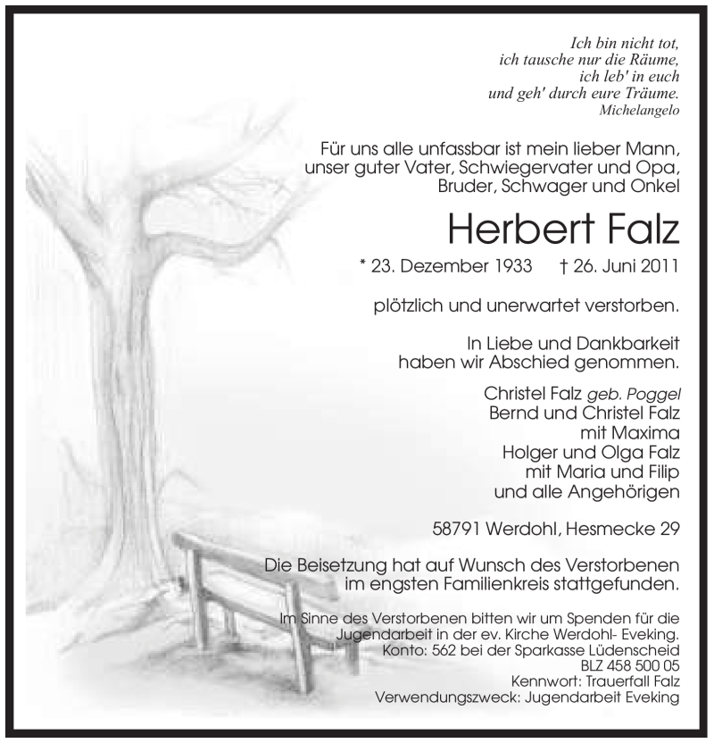  Traueranzeige für Herbert Falz vom 30.06.2011 aus Tageszeitung