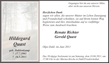 Traueranzeige von Hildegard Quast von Tageszeitung