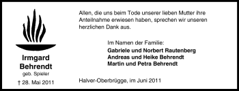 Traueranzeige von Irmgard Behrendt von Tageszeitung