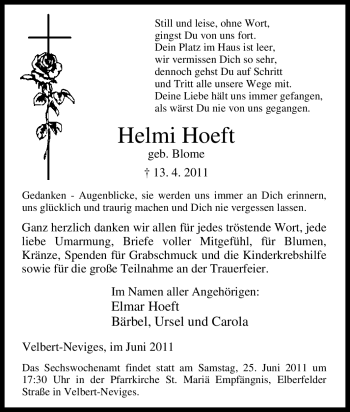 Traueranzeige von Helmi Hoeft von Tageszeitung