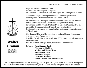 Traueranzeige von Walter Gronau von Tageszeitung