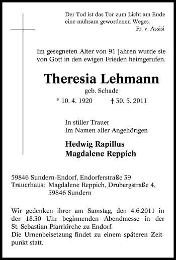 Traueranzeige von Theresia Lehmann von Tageszeitung