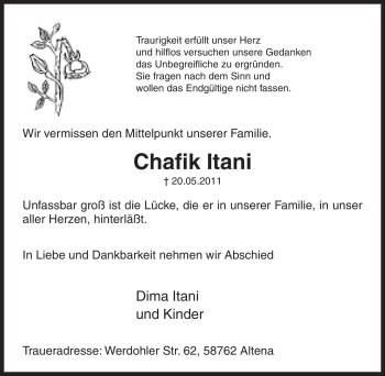 Traueranzeige von Chafik Itani von Tageszeitung