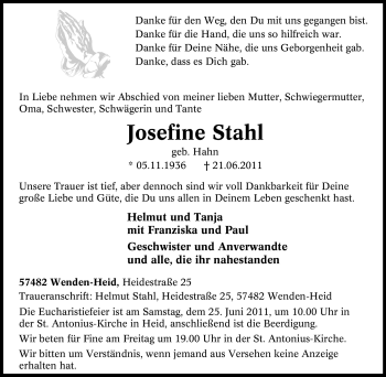 Traueranzeige von Josefine Stahl von Tageszeitung