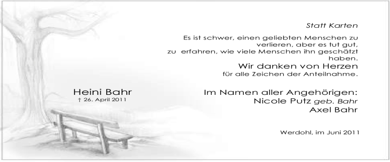  Traueranzeige für Heini Bahr vom 04.06.2011 aus Tageszeitung