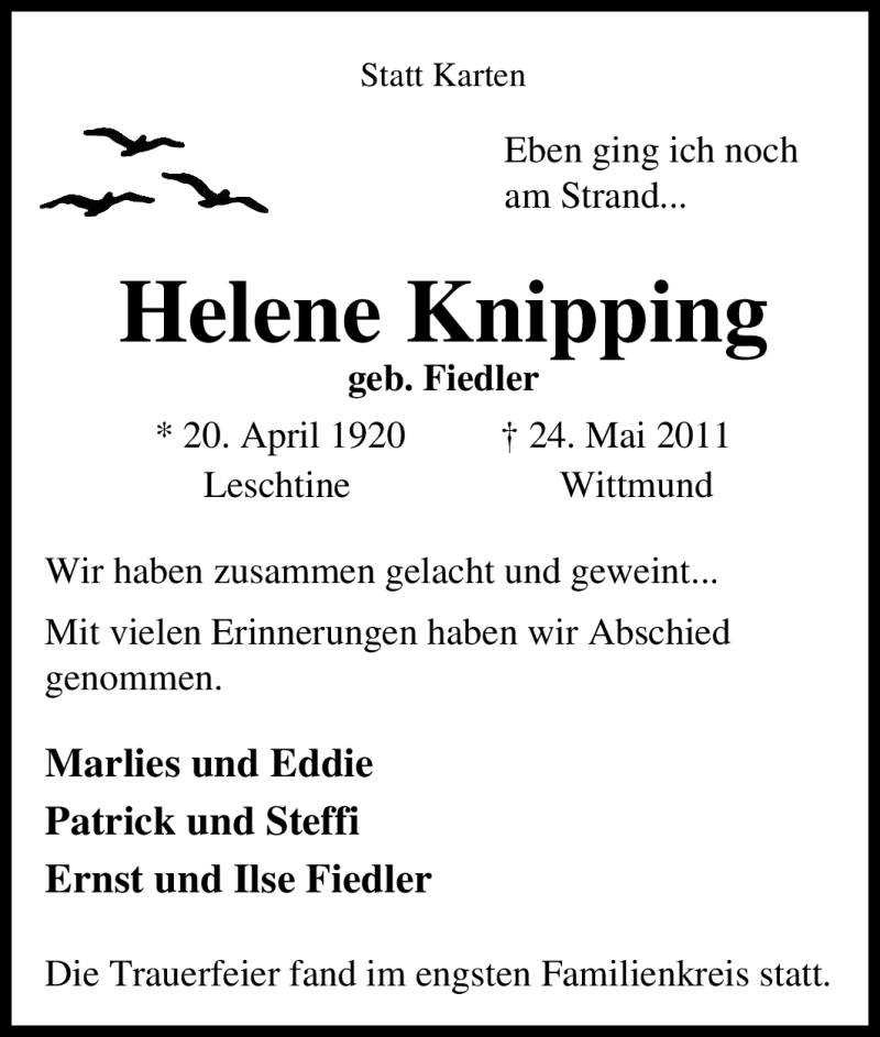  Traueranzeige für Helene Knipping vom 15.06.2011 aus Tageszeitung