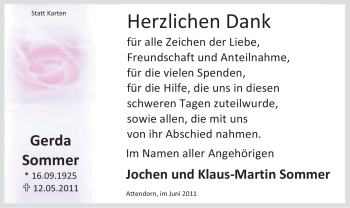Traueranzeige von Gerda Sommer von Tageszeitung