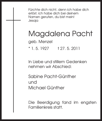 Traueranzeige von Magdalena Pacht von Tageszeitung