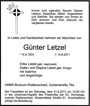 Traueranzeige von Günter Letzel von Tageszeitung