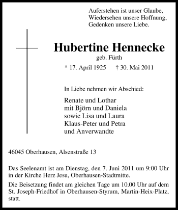 Traueranzeige von Hubertine Hennecke von Tageszeitung