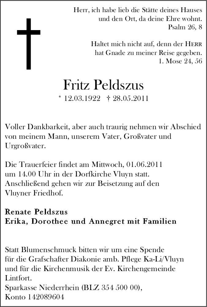  Traueranzeige für Fritz Peldszus vom 01.06.2011 aus Tageszeitung