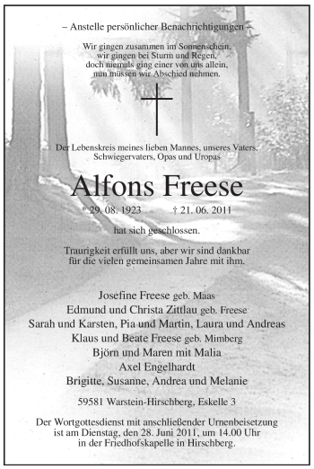 Traueranzeige von Alfons Freese von Tageszeitung