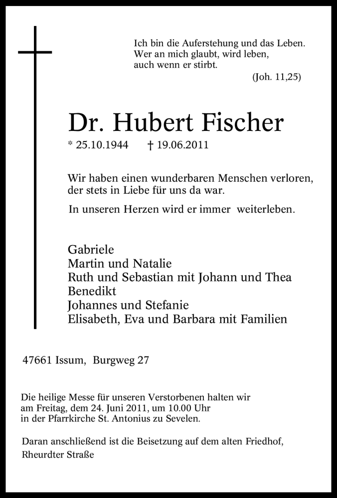  Traueranzeige für Hubert Fischer vom 22.06.2011 aus Tageszeitung