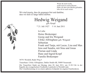 Traueranzeige von Hedwig Weigand von Tageszeitung