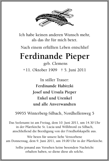 Traueranzeige von Ferdinande Pieper von Tageszeitung
