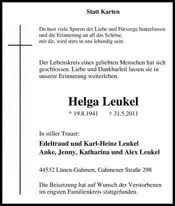 Traueranzeige von Helga Leukel von Tageszeitung