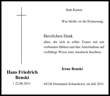 Traueranzeige von Hans Friedrich Benski von Tageszeitung