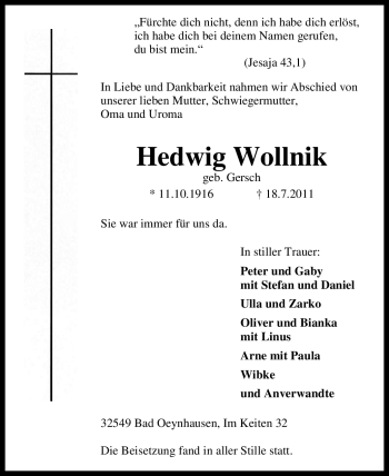 Traueranzeige von Hedwig Wollnik von Tageszeitung