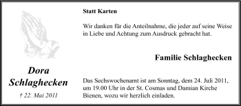 Traueranzeige von Dora Schlaghecken von Tageszeitung