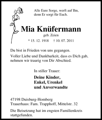 Traueranzeige von Mia Knüfermann von Tageszeitung