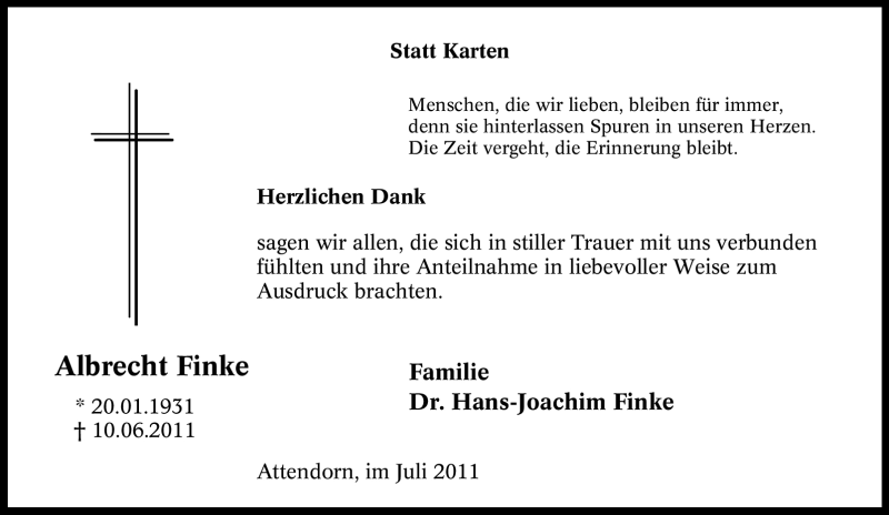  Traueranzeige für Albrecht Finke vom 26.07.2011 aus Tageszeitung