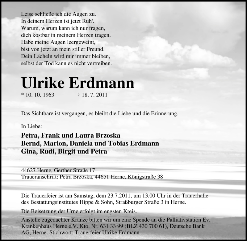  Traueranzeige für Ulrike Erdmann vom 20.07.2011 aus Tageszeitung