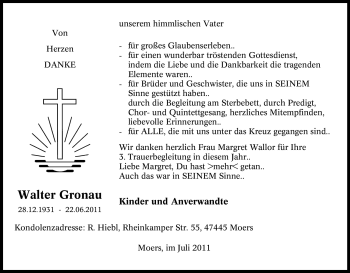 Traueranzeige von Walter Gronau von Tageszeitung