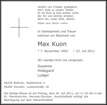 Traueranzeige von Max Kuon von Tageszeitung