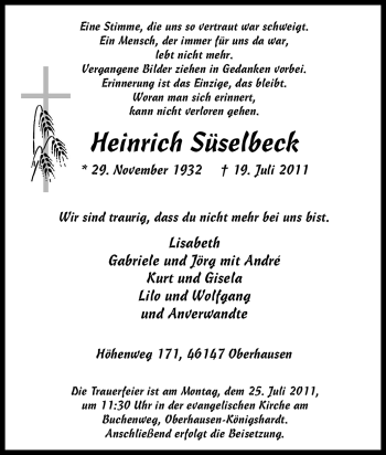 Traueranzeige von Heinrich Süselbeck von Tageszeitung