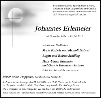 Traueranzeige von Johannes Erlemeier von Tageszeitung
