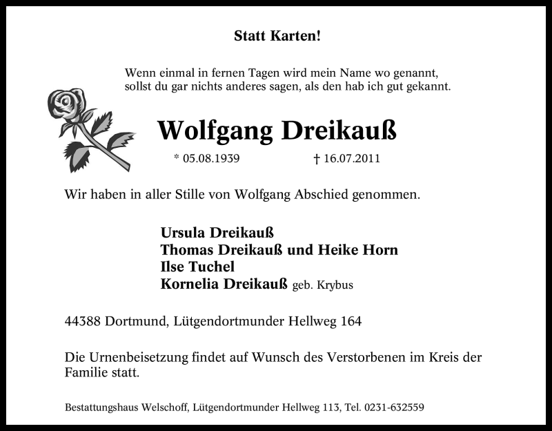  Traueranzeige für Wolfgang Dreikauß vom 20.07.2011 aus Tageszeitung