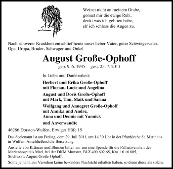 Traueranzeige von August Große-Ophoff von Tageszeitung