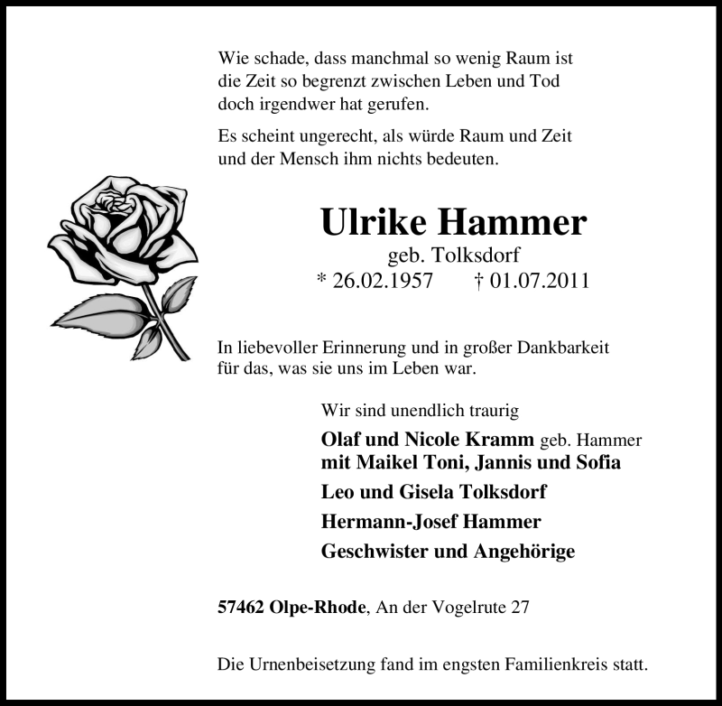  Traueranzeige für Ulrike Hammer vom 14.07.2011 aus Tageszeitung