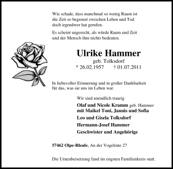 Traueranzeige von Ulrike Hammer von Tageszeitung