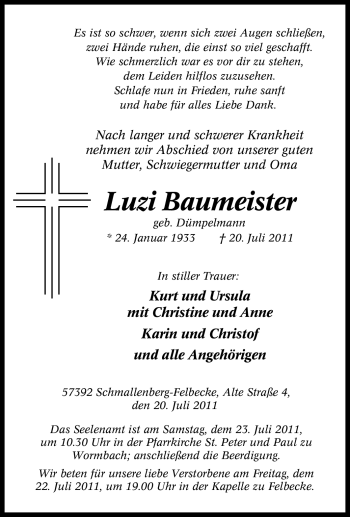 Traueranzeige von Luzi Baumeister von Tageszeitung