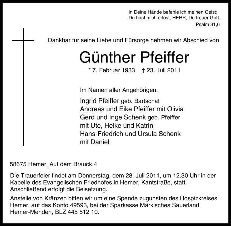  Traueranzeige für Günther Pfeiffer vom 26.07.2011 aus Tageszeitung