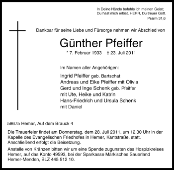 Traueranzeige von Günther Pfeiffer von Tageszeitung