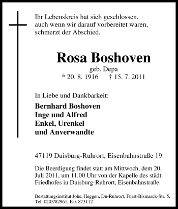 Traueranzeige von Rosa Boshoven von Tageszeitung