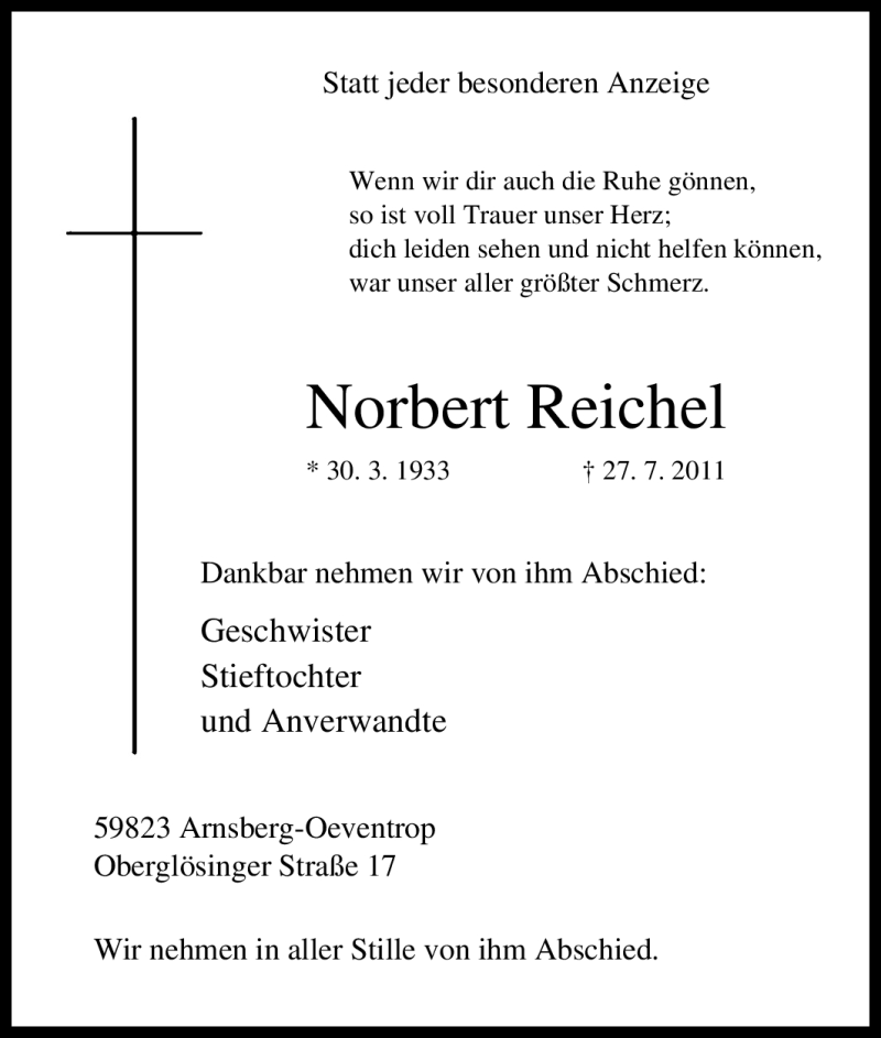  Traueranzeige für Norbert Reichel vom 30.07.2011 aus Tageszeitung