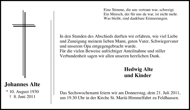  Traueranzeige für Johannes Alte vom 16.07.2011 aus Tageszeitung