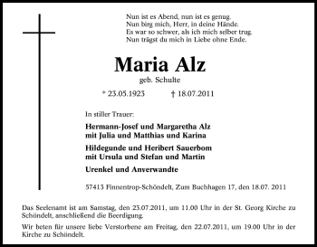 Traueranzeige von Maria Alz von Tageszeitung
