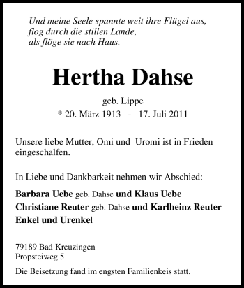 Traueranzeige von Hertha Dahse von Tageszeitung