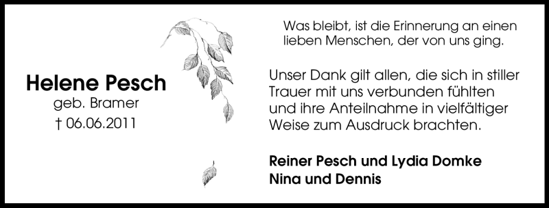  Traueranzeige für Helene Pesch vom 23.07.2011 aus Tageszeitung