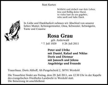 Traueranzeige von Rosa Grau von Tageszeitung